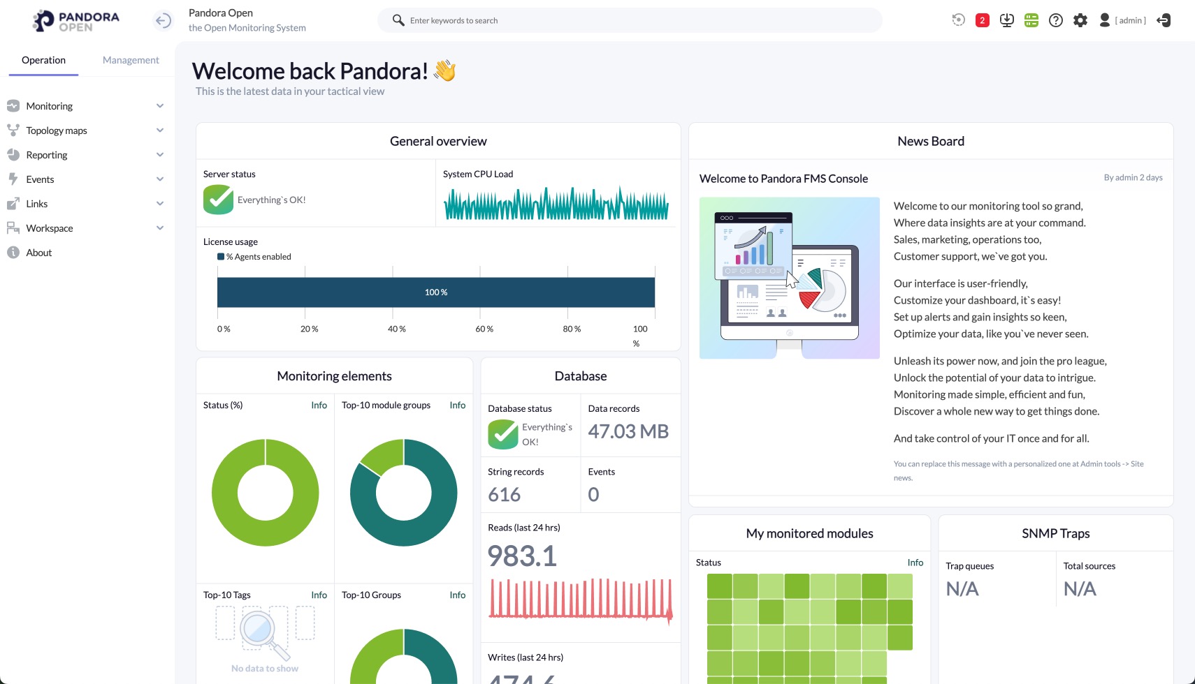 Pandora Open Main dashboard